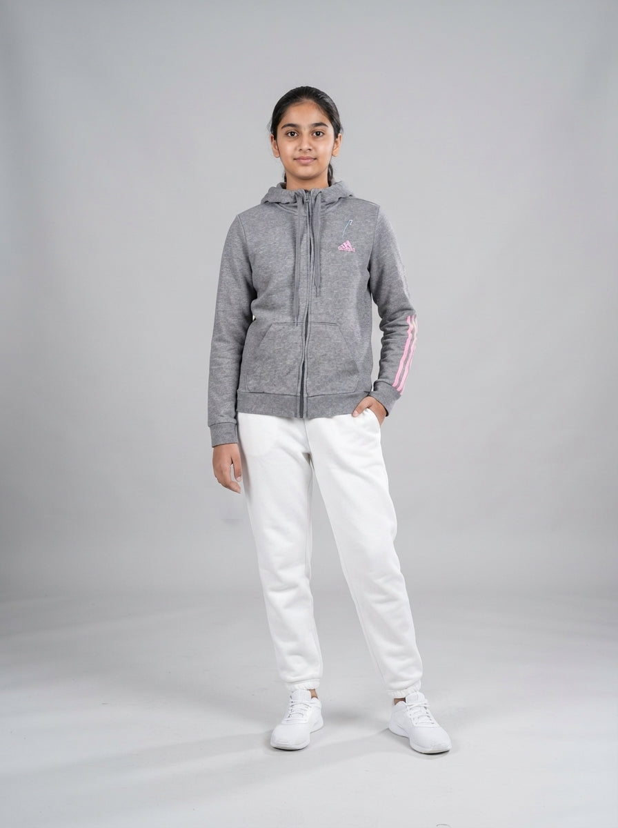 Preloved Adidas teen girls' zip-up hoodie, size 8-10Y, worn by a model, styled