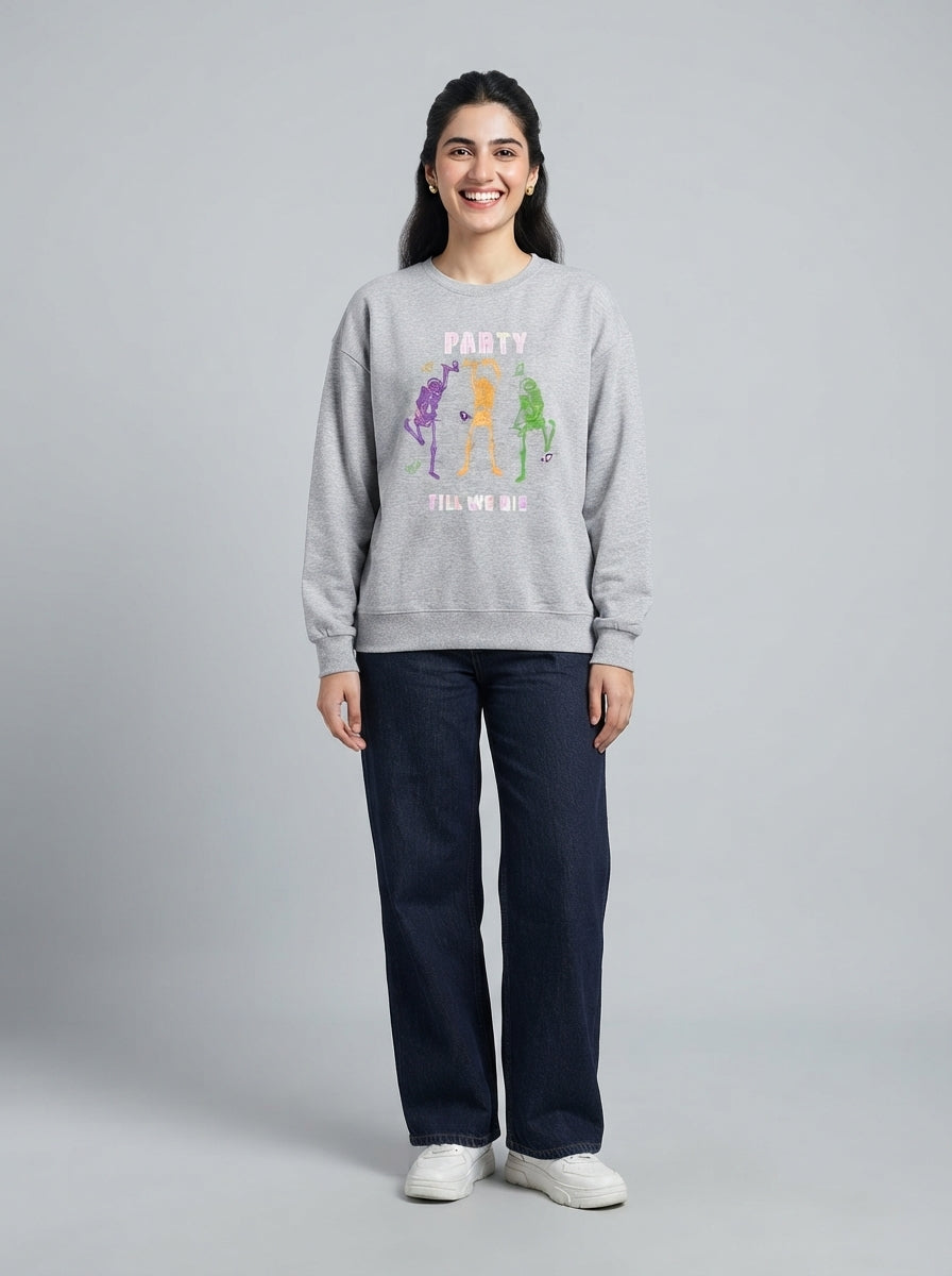 Preloved Feeling Festive women's sweatshirt, size L, worn by a model, styled