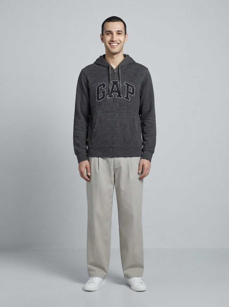 Preloved GAP men's zip-up hoodie, size M, worn by a model, styled