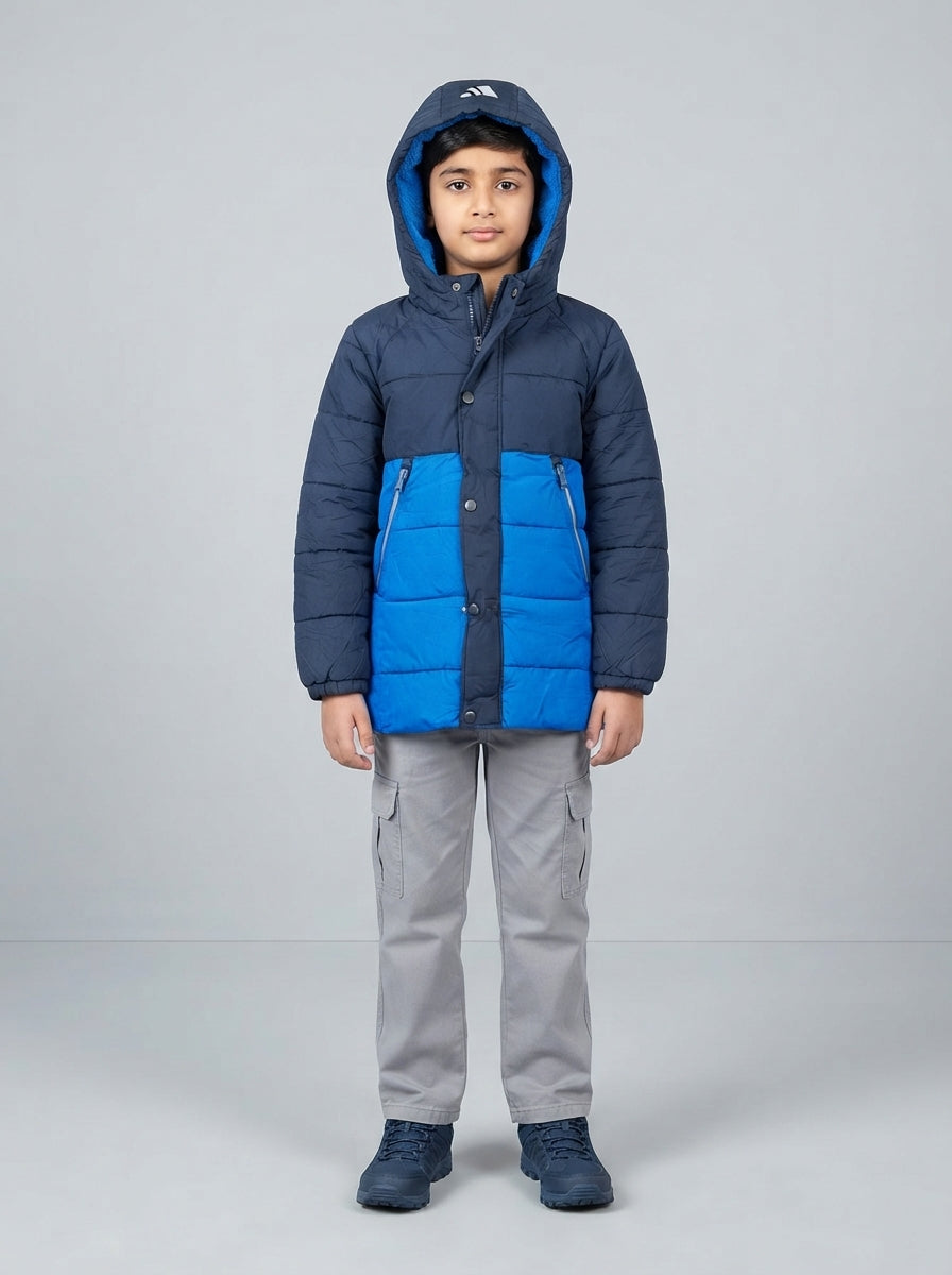 Preloved George boys' puffer jacket, size 6-8Y, worn by a model, styled