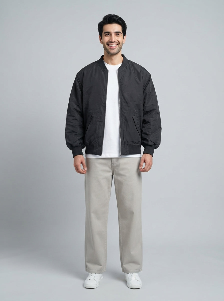Preloved H&M men's bomber jacket, size XL, worn by a model, styled