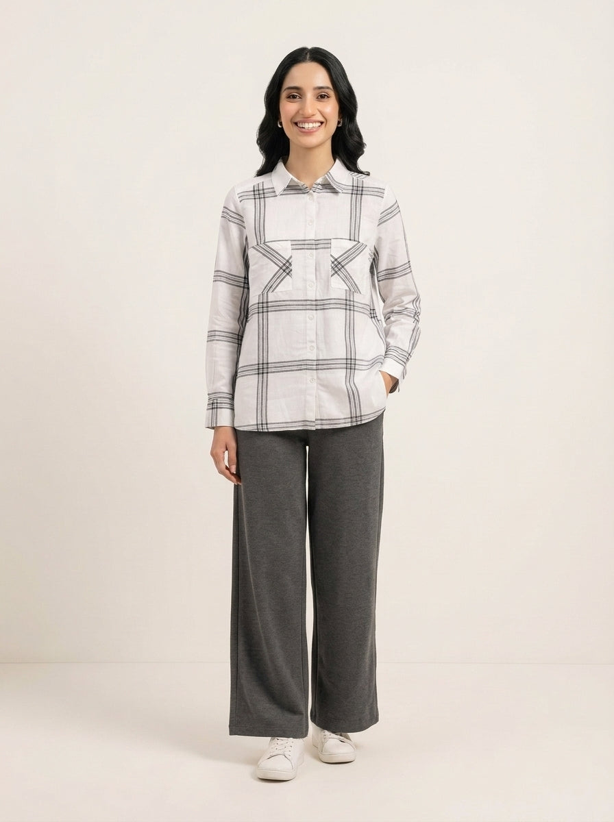 Preloved H&M women's flannel shirt, size US 10, worn by a model, styled