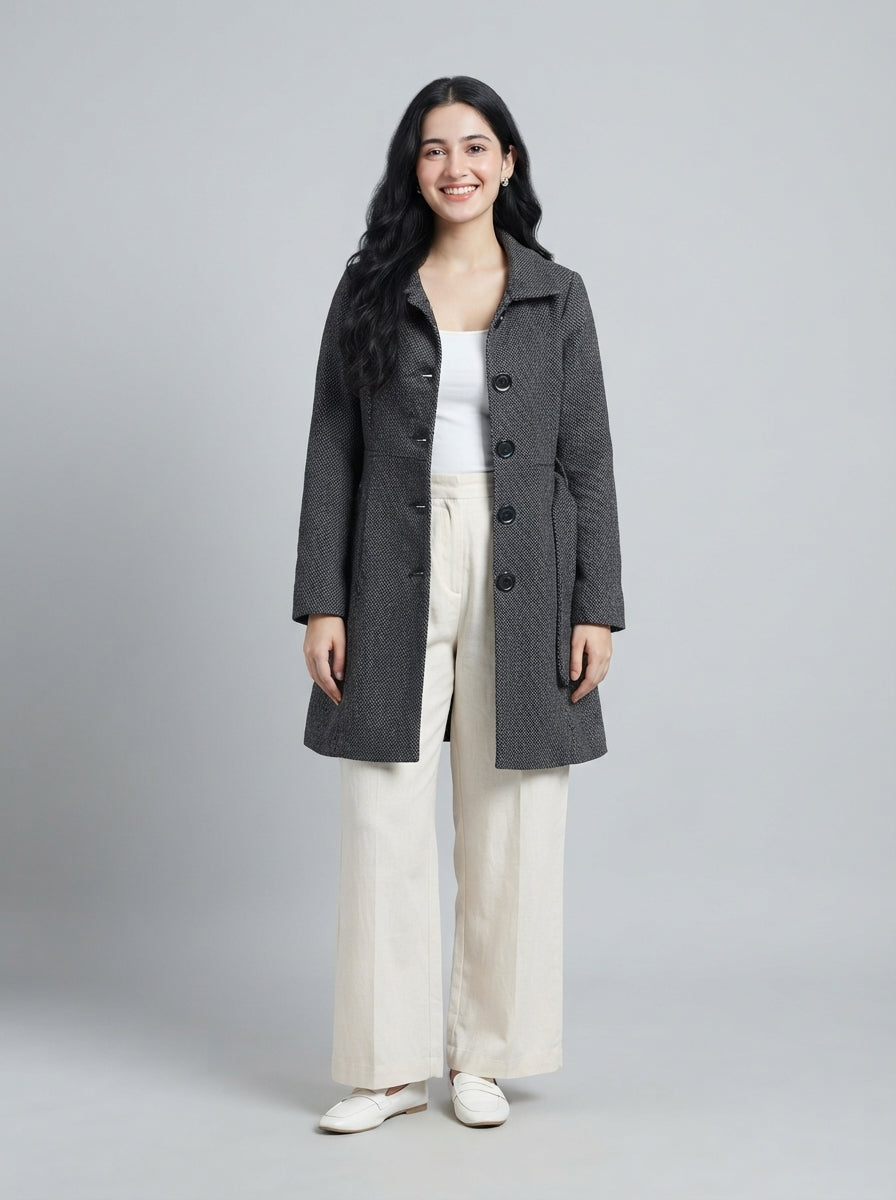 Preloved H&M women's trench coat, size US 8, worn by a model, styled