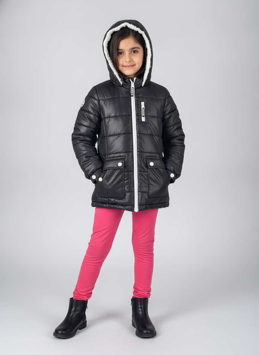 Preloved JUSTICE girls' puffer jacket, size 6-8Y, worn by a model, styled