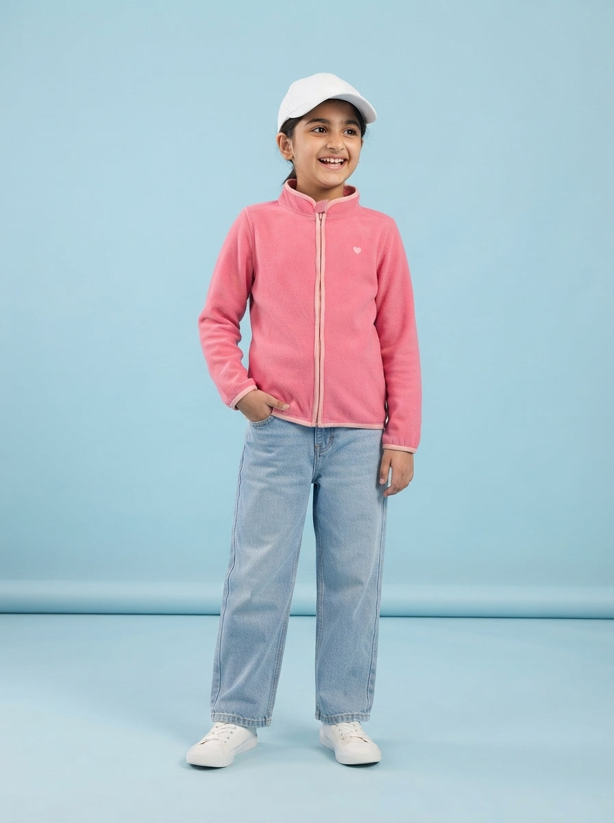 Preloved OshKosh B'gosh girls' fleece jacket, size 8-10Y, worn by a model, styled