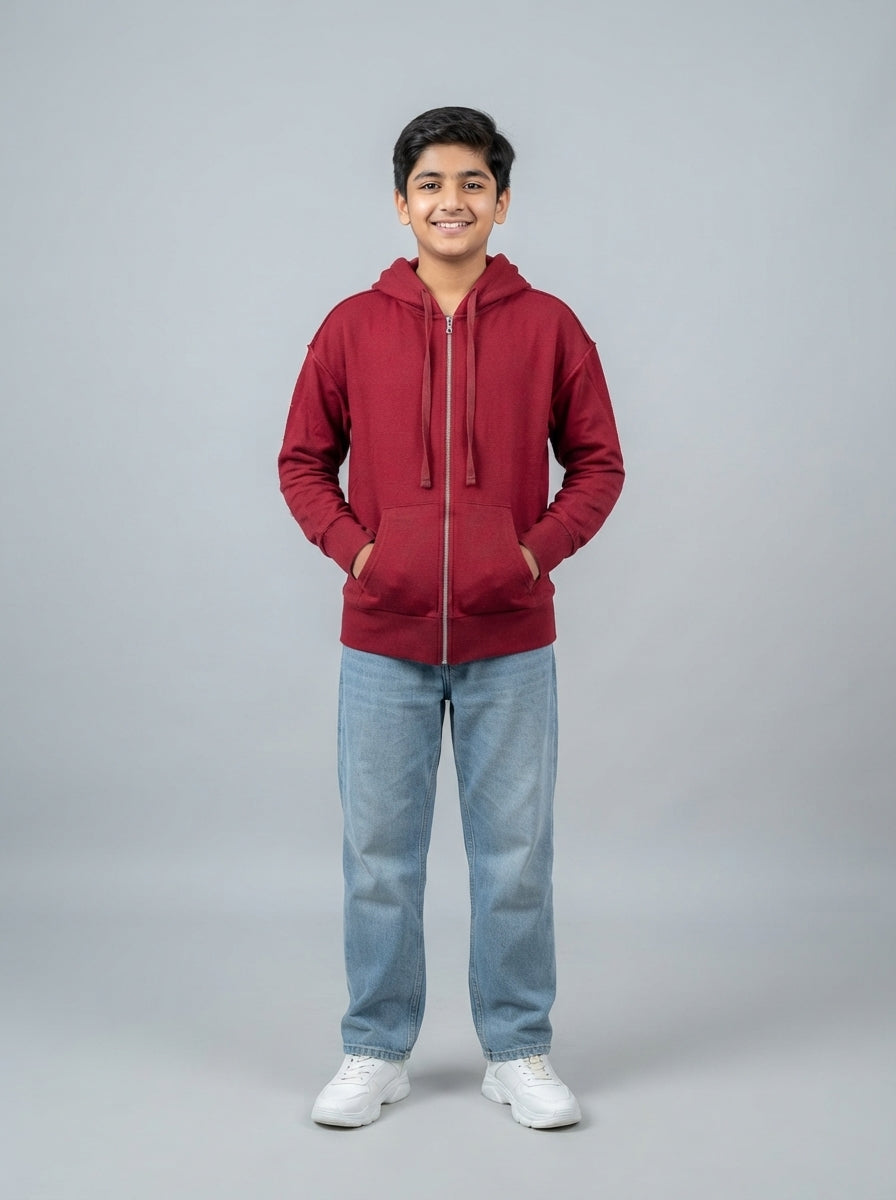 Preloved Time and Tru teen boys' zip-up hoodie, size 12-14Y, worn by a model, styled
