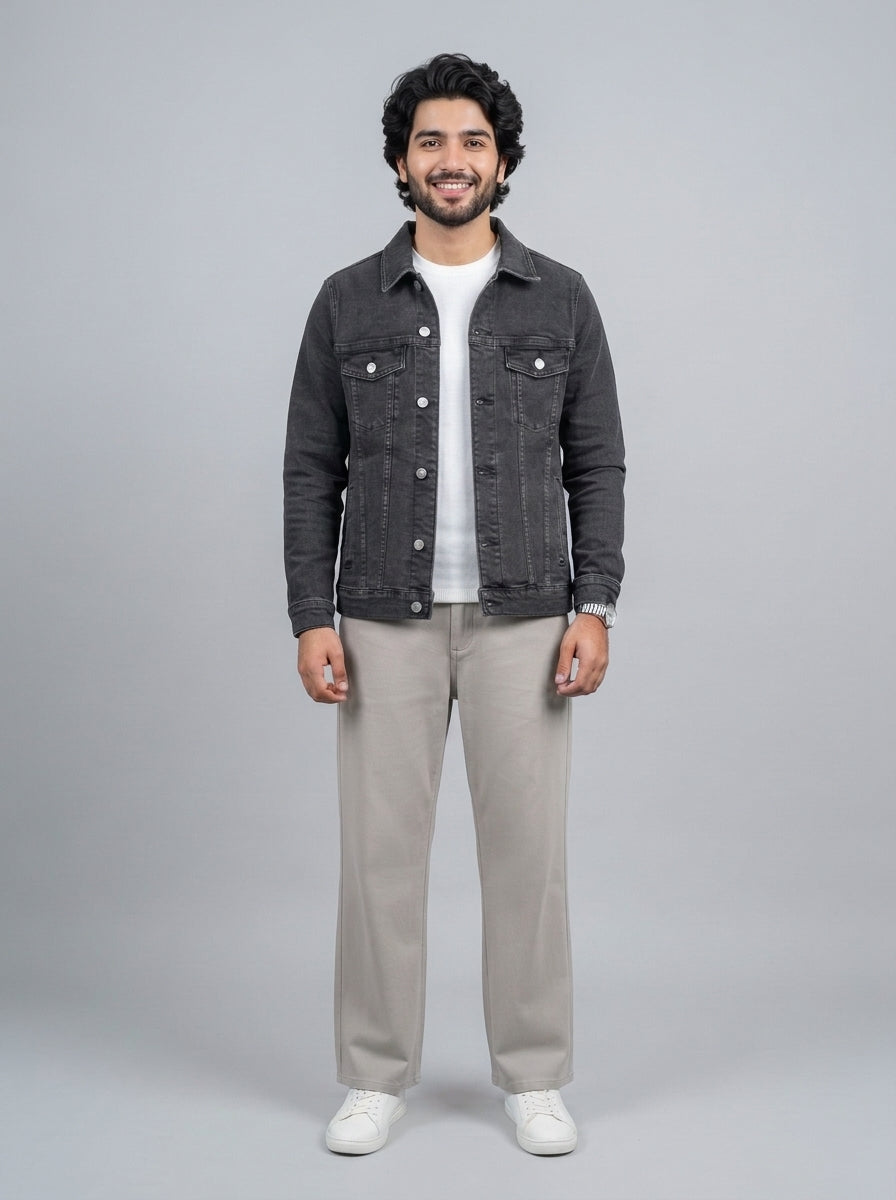 Preloved Zara men's denim jacket, size S, worn by a model, styled