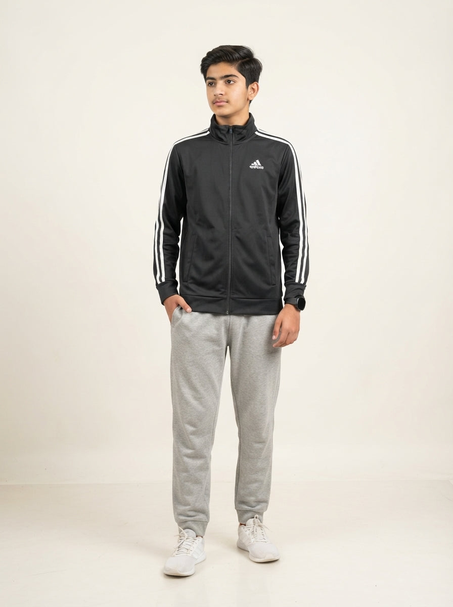 Preloved Adidas teen boys' sports zip-up, size 14-16Y, worn by a model, styled