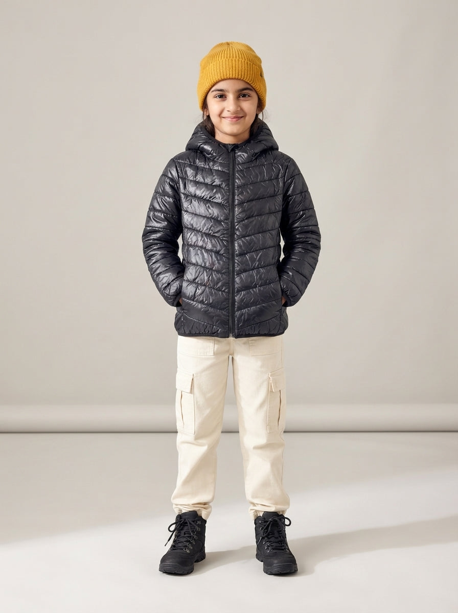 Preloved American Brand girls' puffer jacket, size 6-8Y, worn by a model, styled