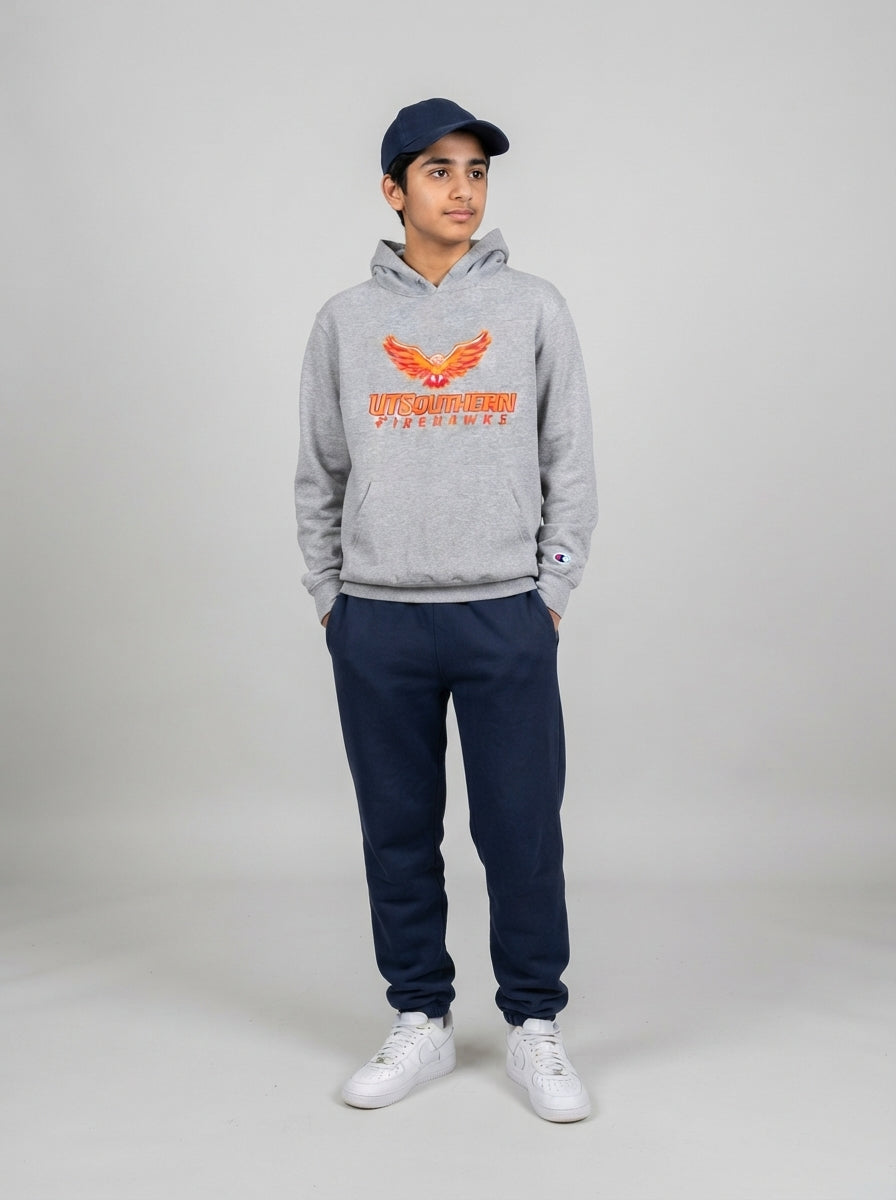 Preloved Champion teen boys' sports hoodie, size 14-16Y, worn by a model, styled