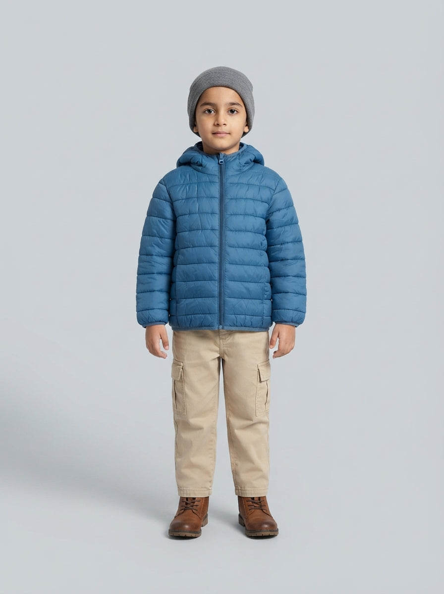 Preloved George boys' puffer jacket, size 3-4Y, worn by a model, styled