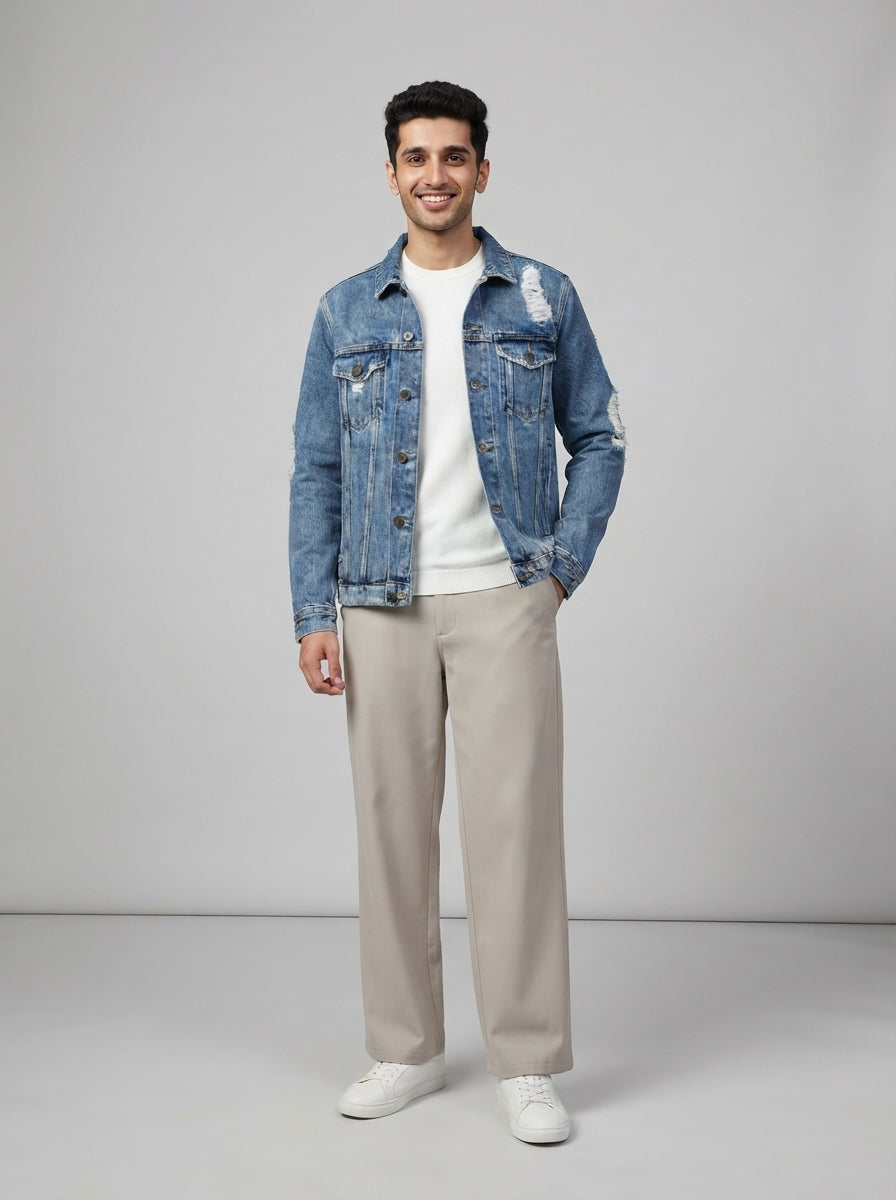 Preloved H&M men's denim jacket, size S, worn by a model, styled