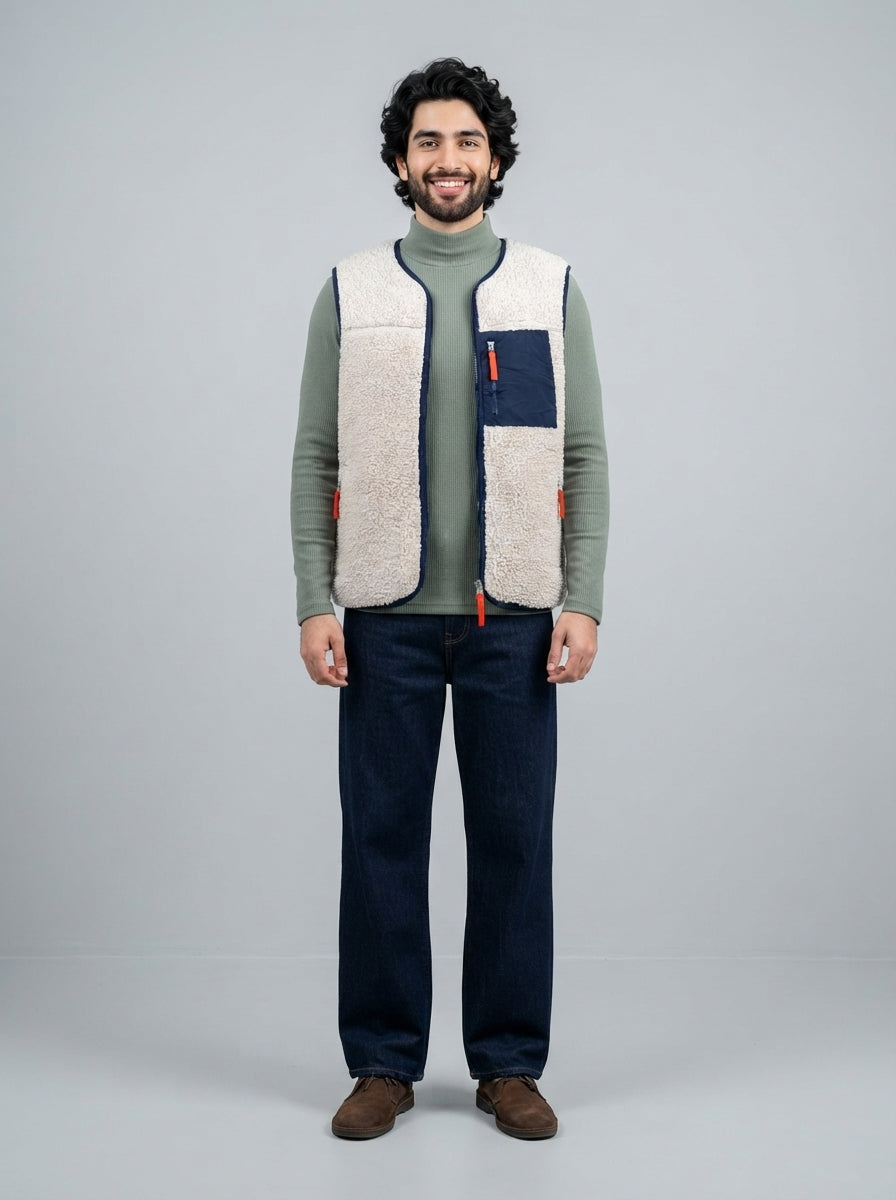 Preloved H&M men's gilet / vest, size M, worn by a model, styled