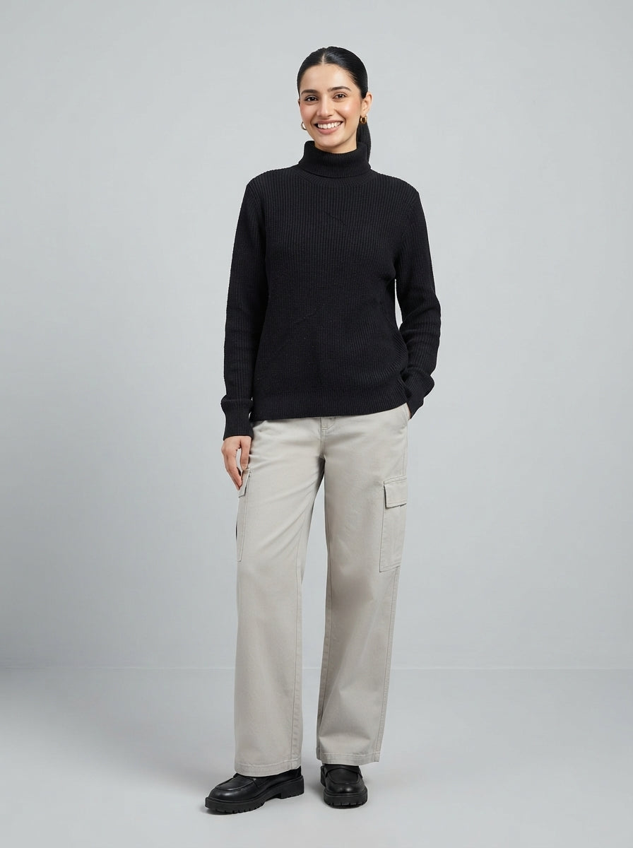 Preloved H&M women's turtleneck, size M, worn by a model, styled