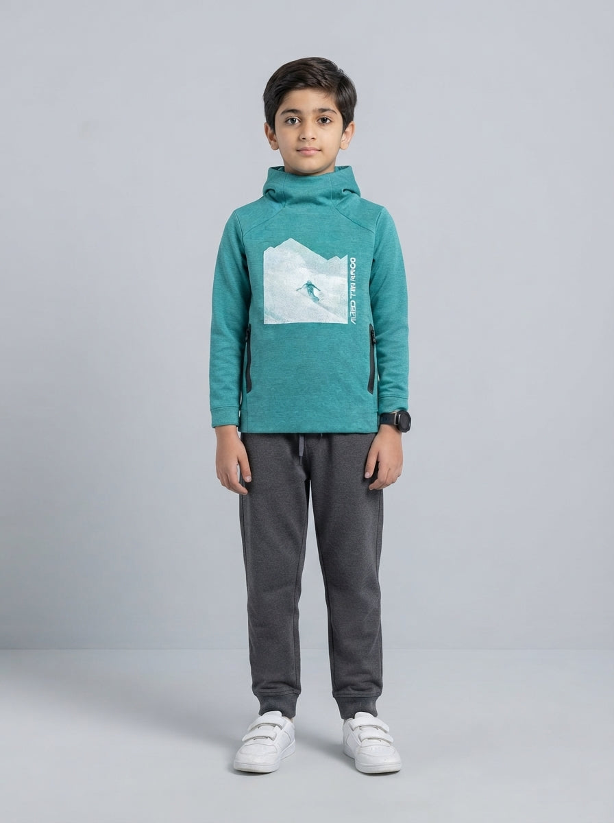 Preloved Old Navy boys' sports hoodie, size 6-8Y, worn by a model, styled