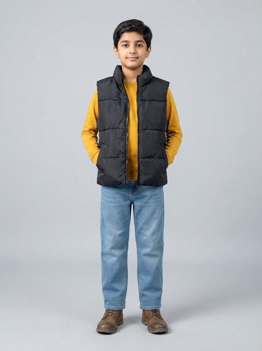 Preloved Old Navy teen boys' gilet / vest, size 8-10Y, worn by a model, styled