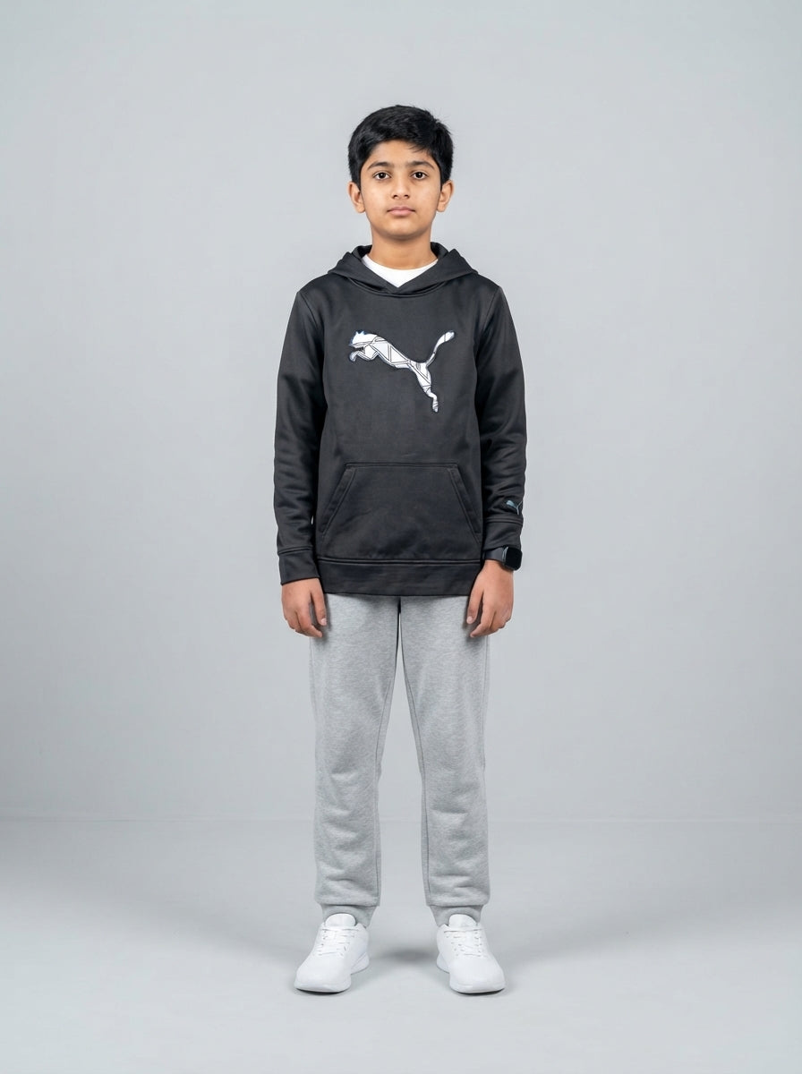 Preloved Puma teen boys' sports hoodie, size 10-12Y, worn by a model, styled