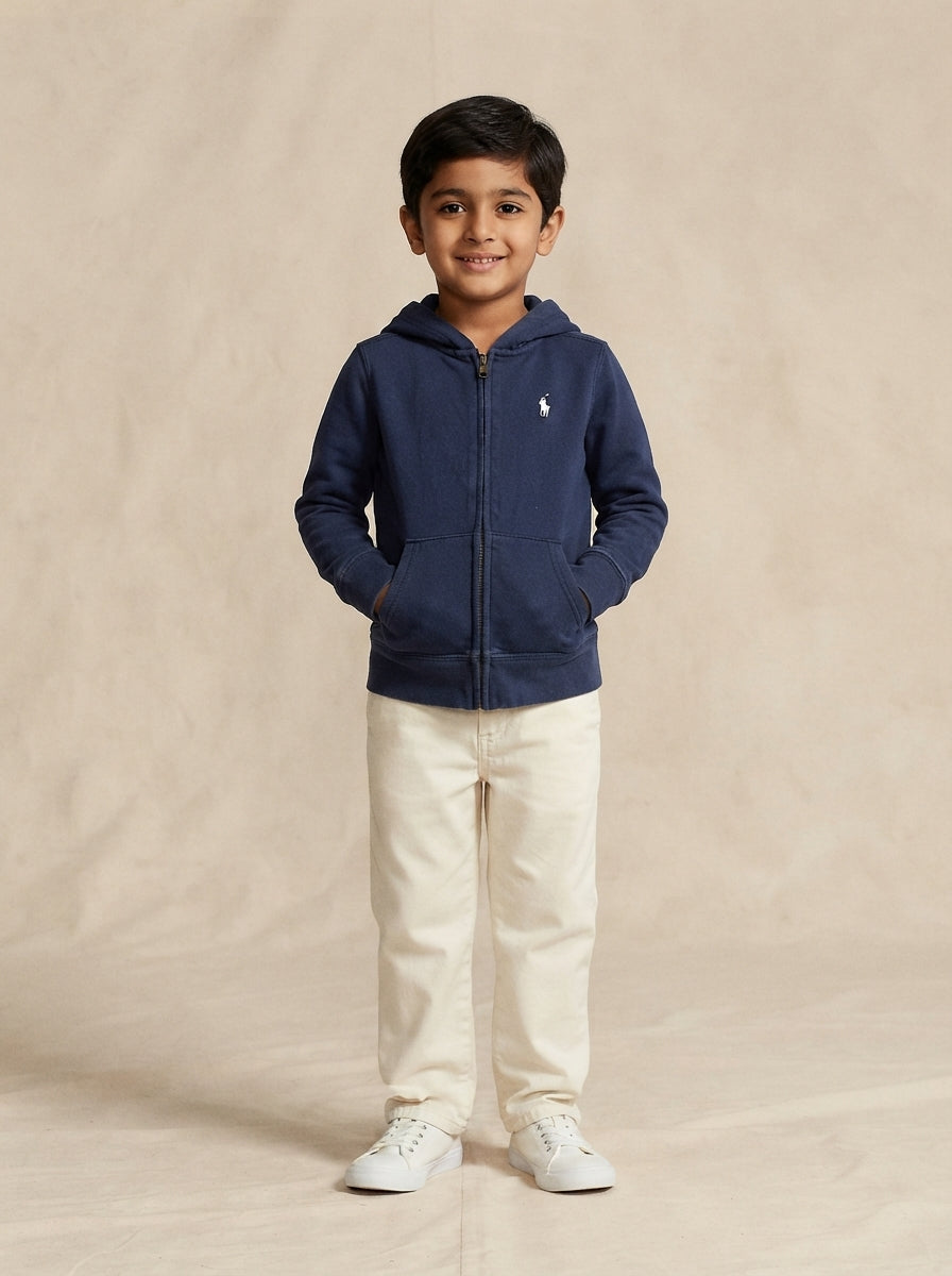 Preloved Ralph Lauren boys' zip-up hoodie, size 4-5Y, worn by a model, styled