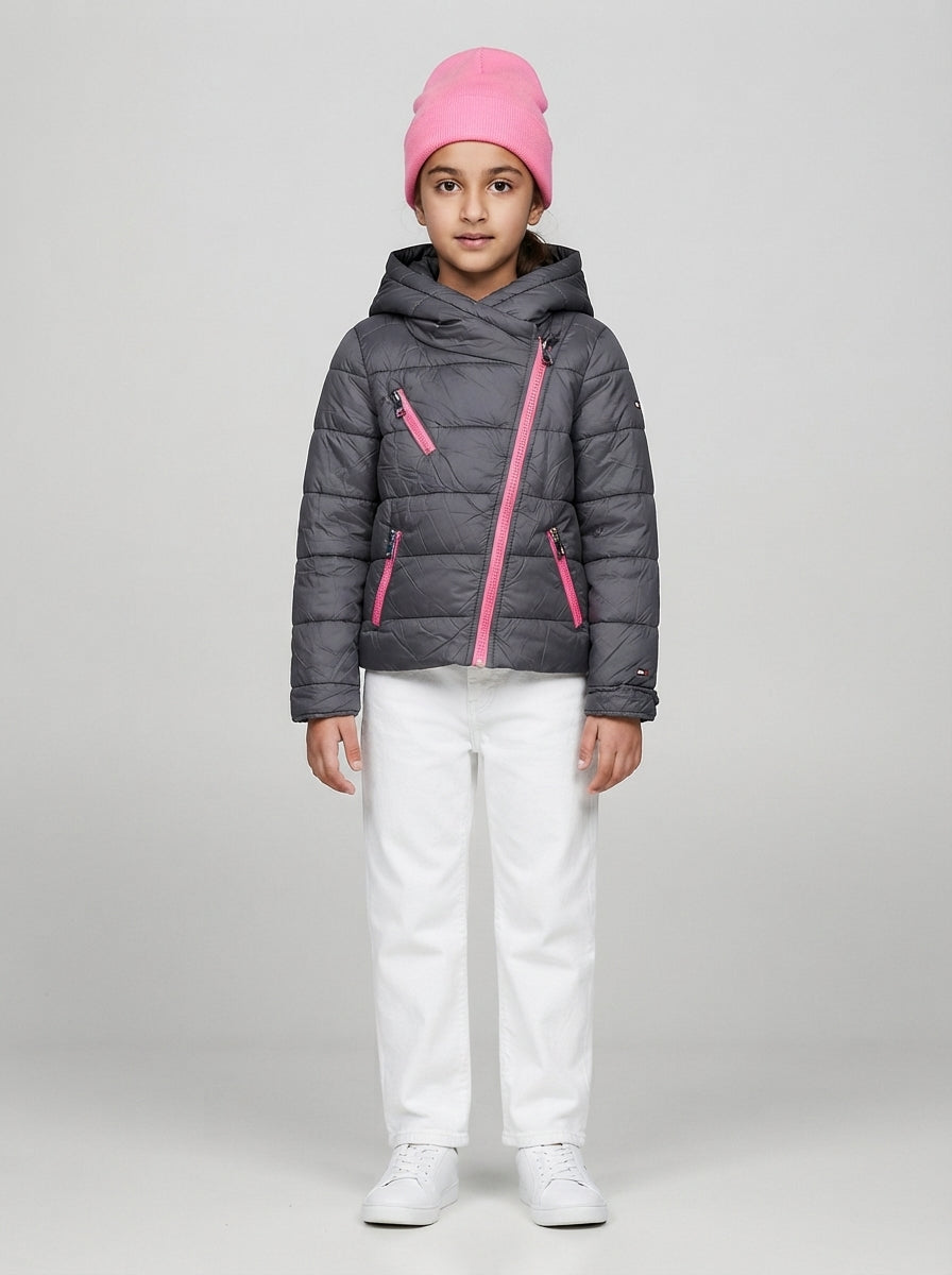 Preloved Tommy Hilfiger girls' puffer jacket, size 6-8Y, worn by a model, styled