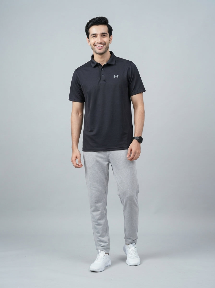 Preloved Under Armour men's sports polo, size L, worn by a model, styled