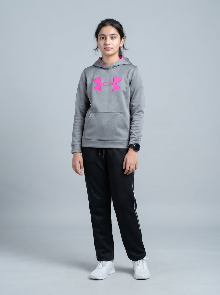 Preloved Under Armour teen girls' sports hoodie, size 12-14Y, worn by a model, styled