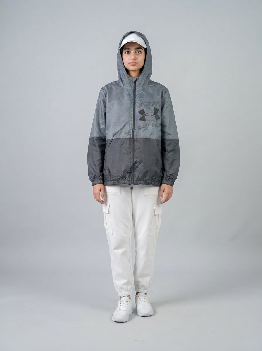 Preloved Under Armour teen girls' windbreaker, size 14-16Y, worn by a model, styled