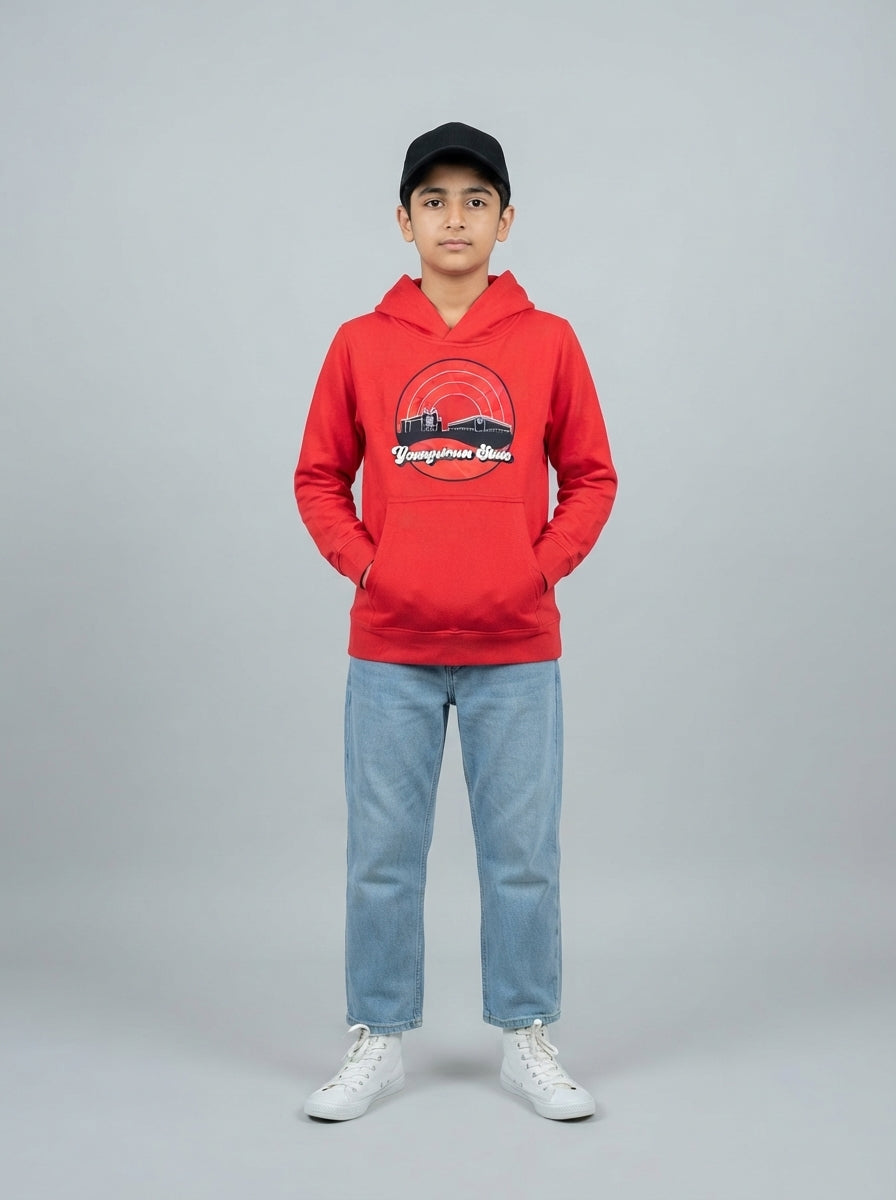 Preloved Uscape Apparel teen boys' hoodie, size S, worn by a model, styled