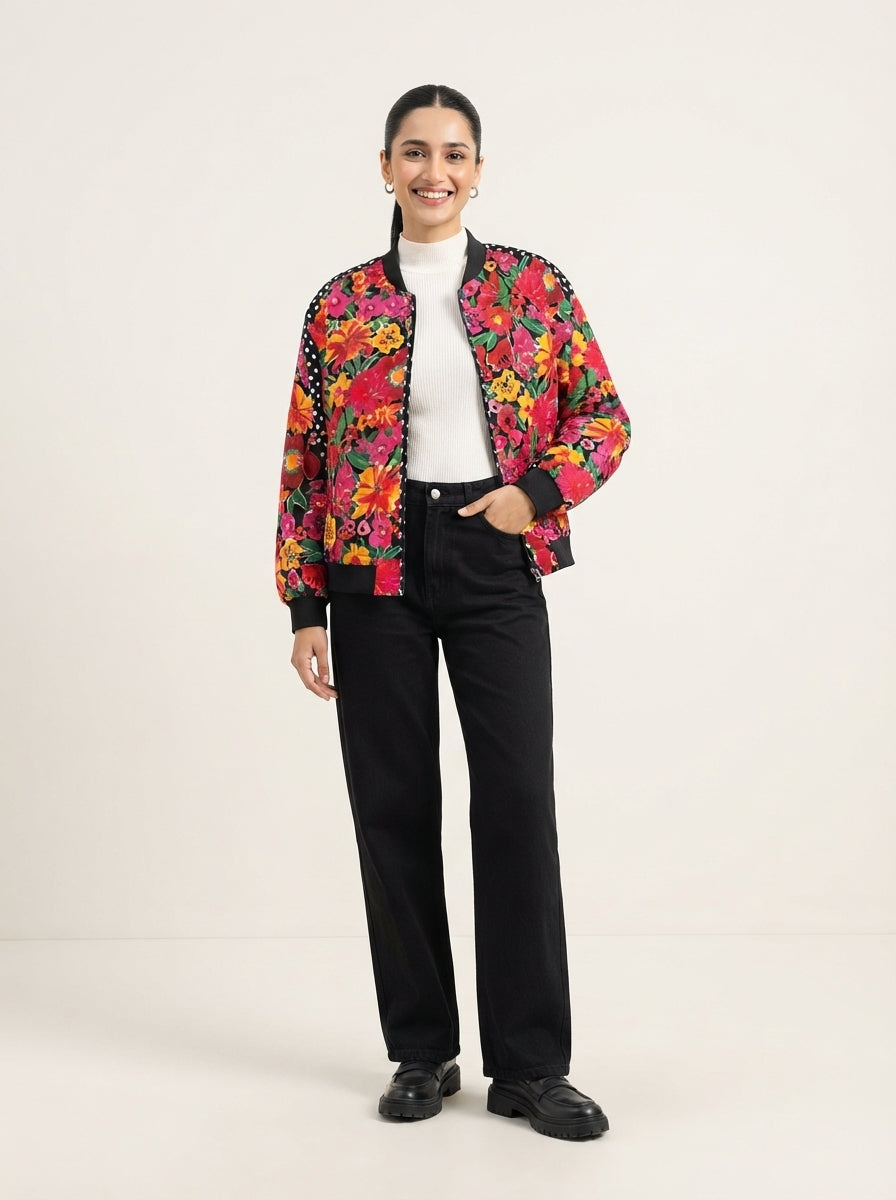 Preloved Zara women's bomber jacket, size S, worn by a model, styled